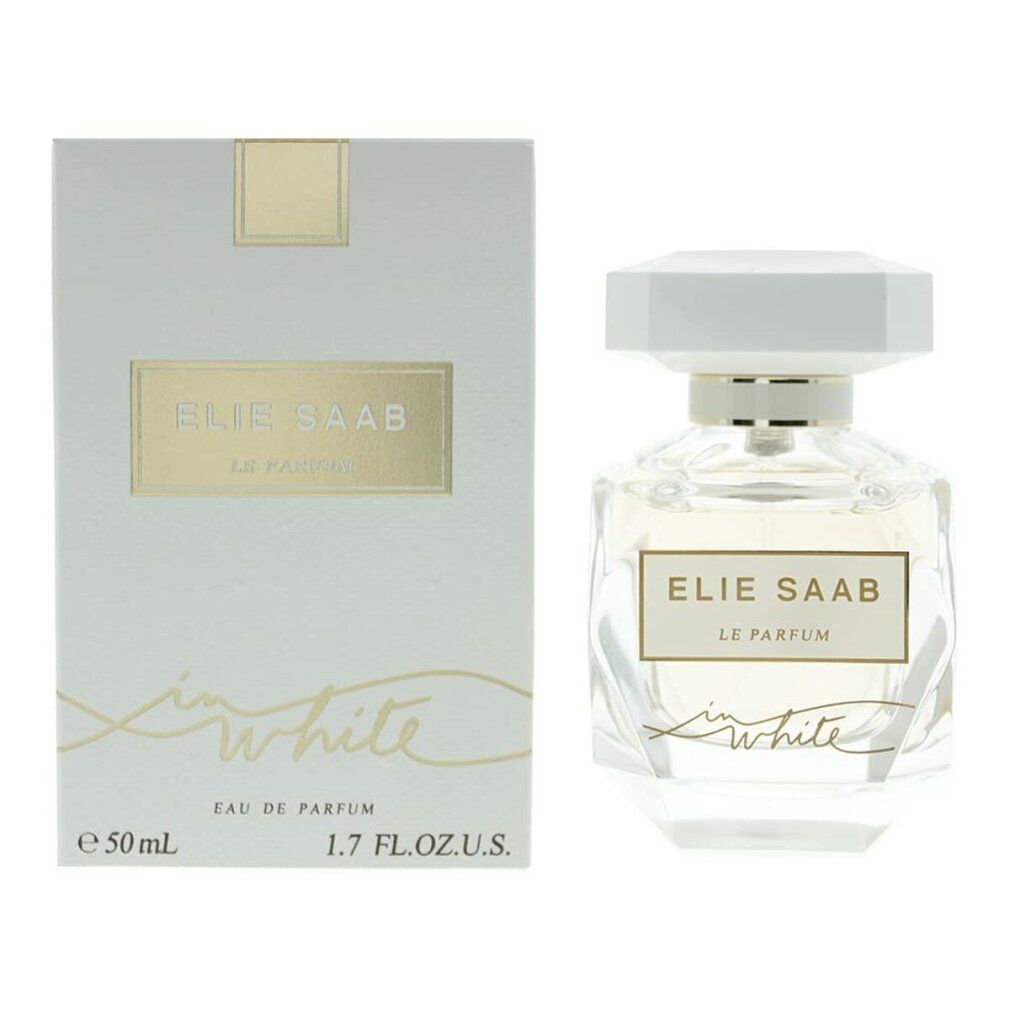 Parfümflakon und Verpackung. Flakon mit weißem Deckel und goldfarbenem Etikett. Schriftzug: ELIE SAAB LE PARFUM in white.