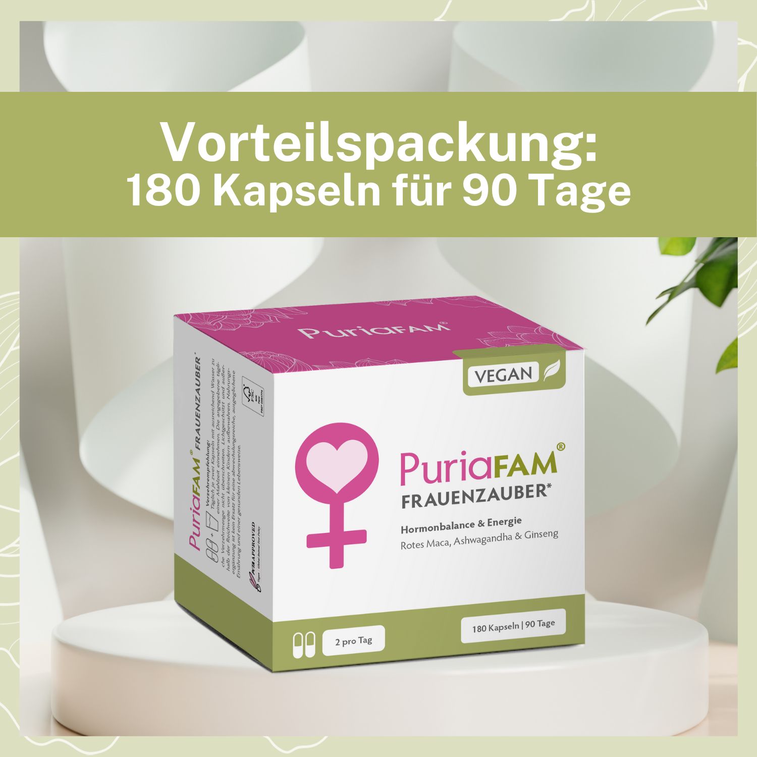 Produktverpackung "PuriaFAM Frauenzauber". 180 Kapseln für 90 Tage. Vegan-Logo. Frauen-Symbol. 2 pro Tag.