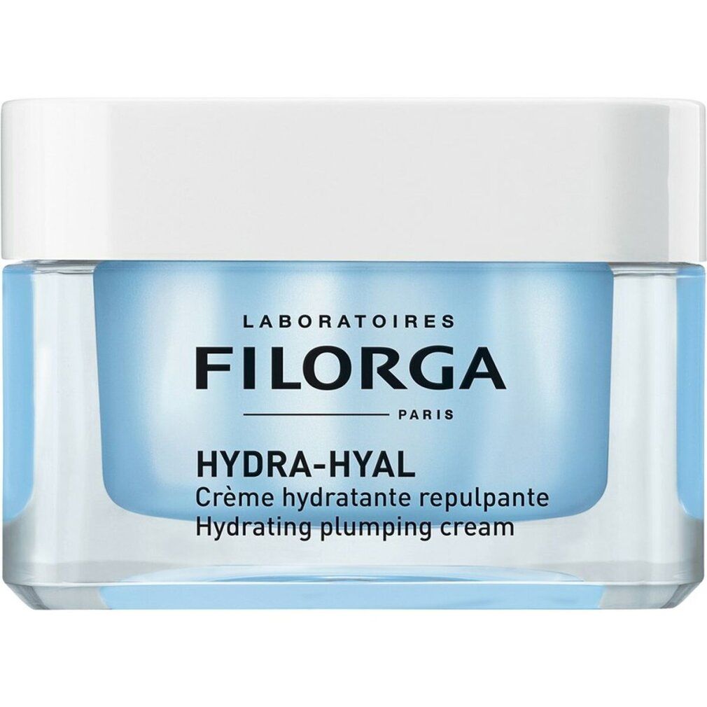 Filorga Hydra-Hyal Creme. Transparenter Behälter mit weißem Deckel. Produktname und Logo sichtbar.