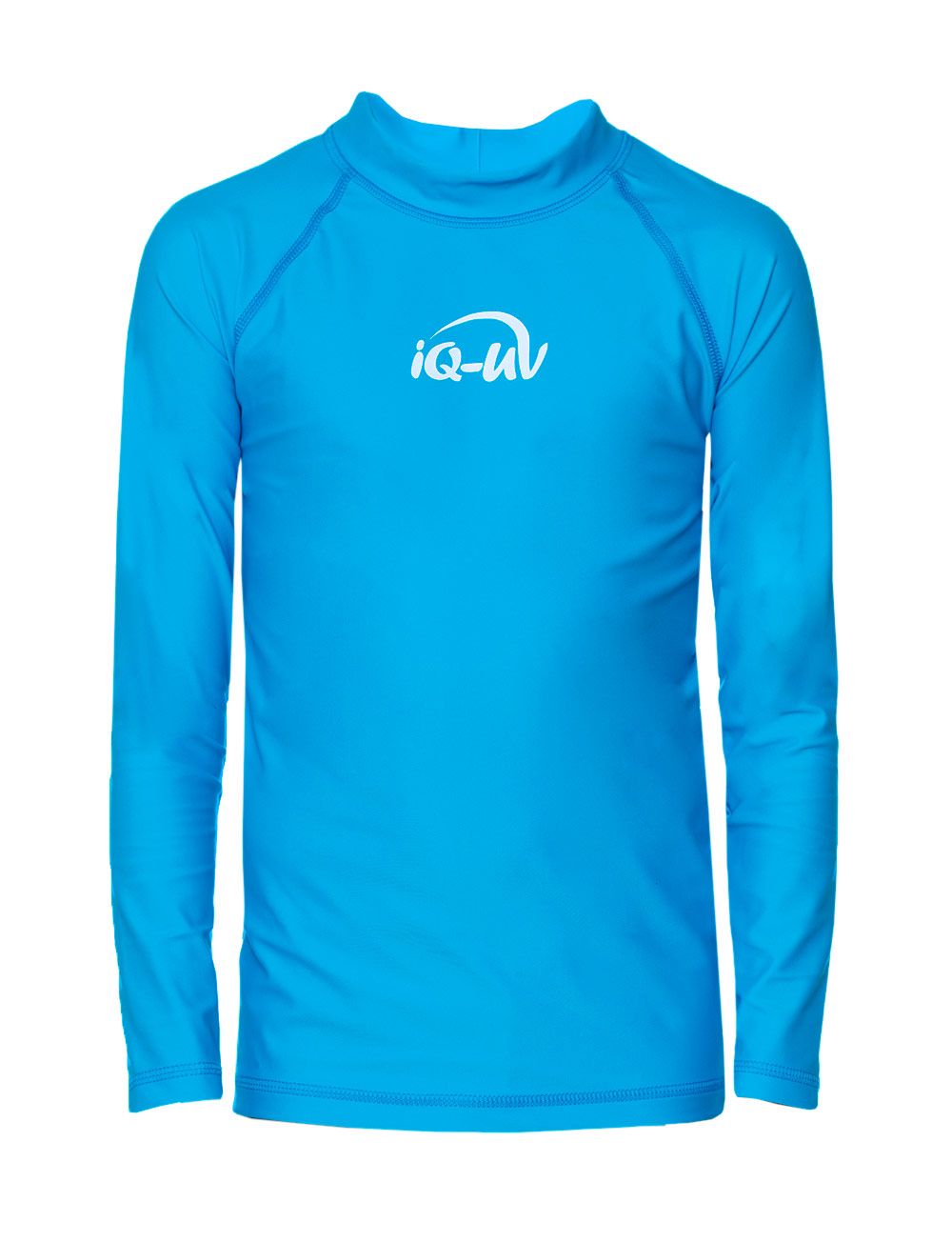 Türkisfarbenes Langarm-Shirt mit Stehkragen. Weißes iQ-UV-Logo auf der Brust. Nähte in Kontrastfarbe.