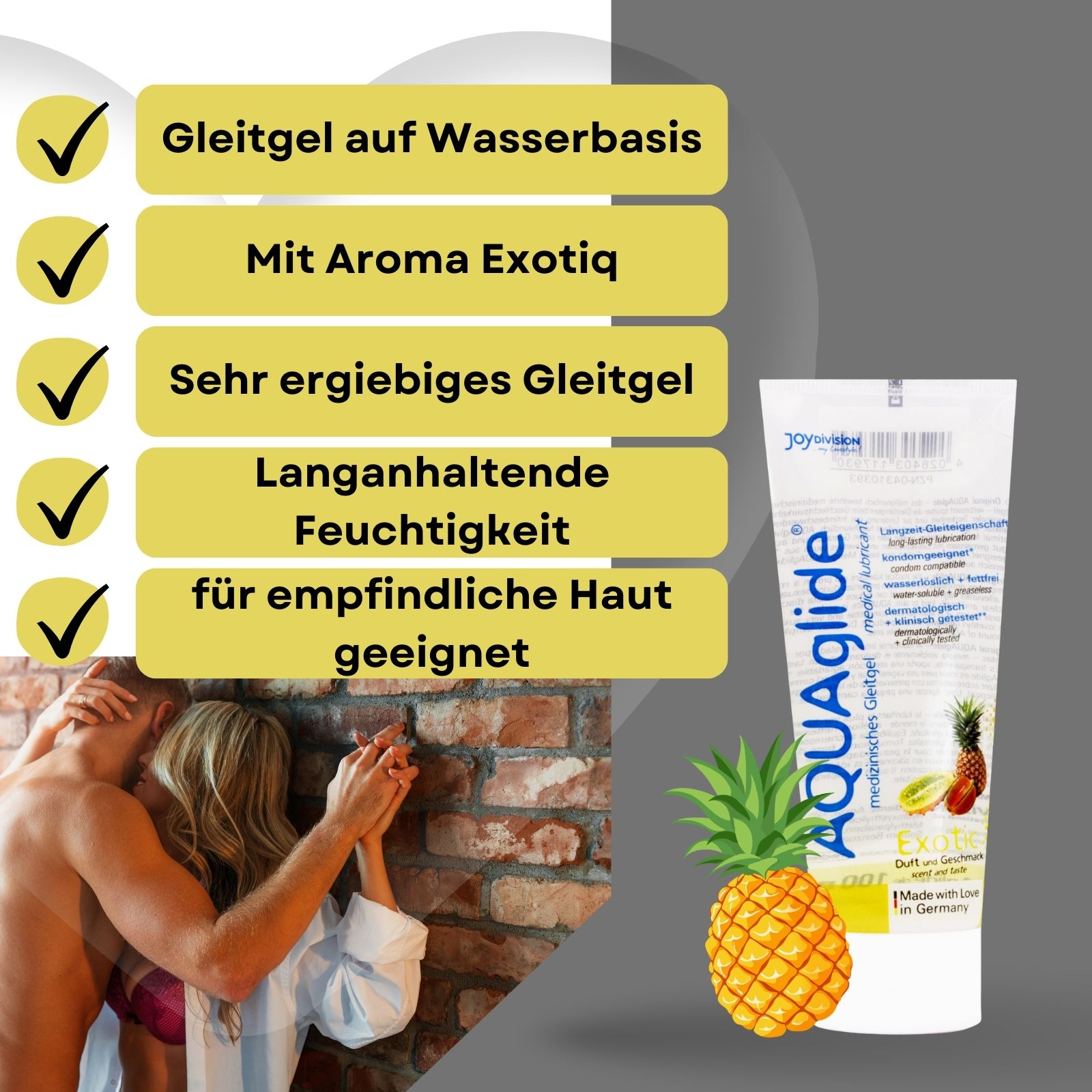 AQUAglide Gleitgel-Tube neben Text. Text: Gleitgel auf Wasserbasis, Aroma Exotic, sehr ergiebig, langanhaltende Feuchtigkeit, für empfindliche Haut.