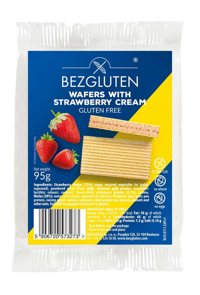 Verpackung mit Bezgluten Erdbeercreme Waffeln. Glutenfrei. Abbildung von Erdbeeren. Aufschrift: "Wafers with strawberry cream".