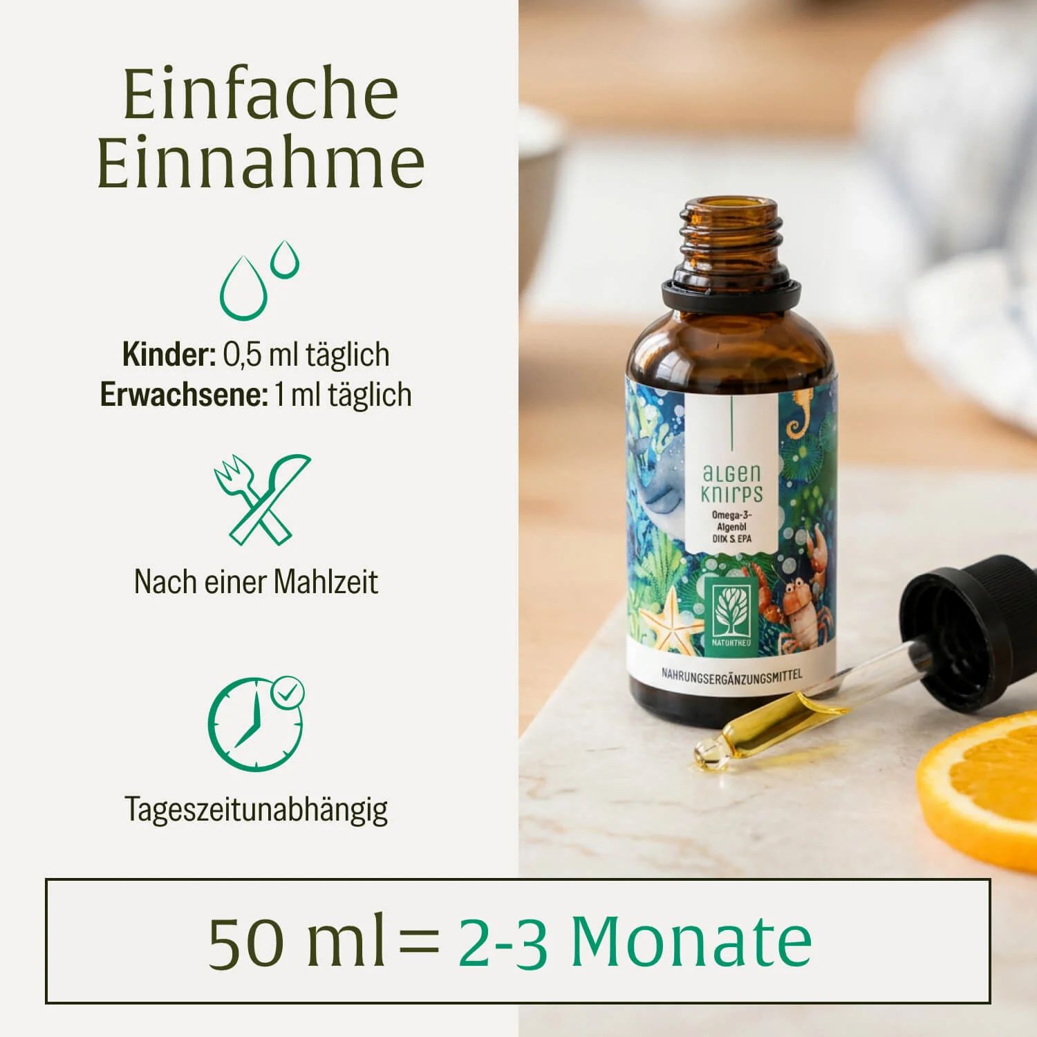 Flasche mit Pipette und orangefarbener Scheibe, "Algen Knirps" Nahrungsergänzungsmittel.