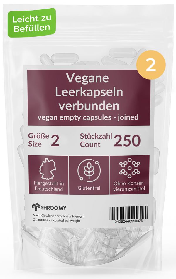 Transparente Leerkapseln in Beutel. Aufdruck: "Vegane Leerkapseln verbunden", Größe 2, 250 Stück. Glutenfrei, ohne Konservierungsstoffe.