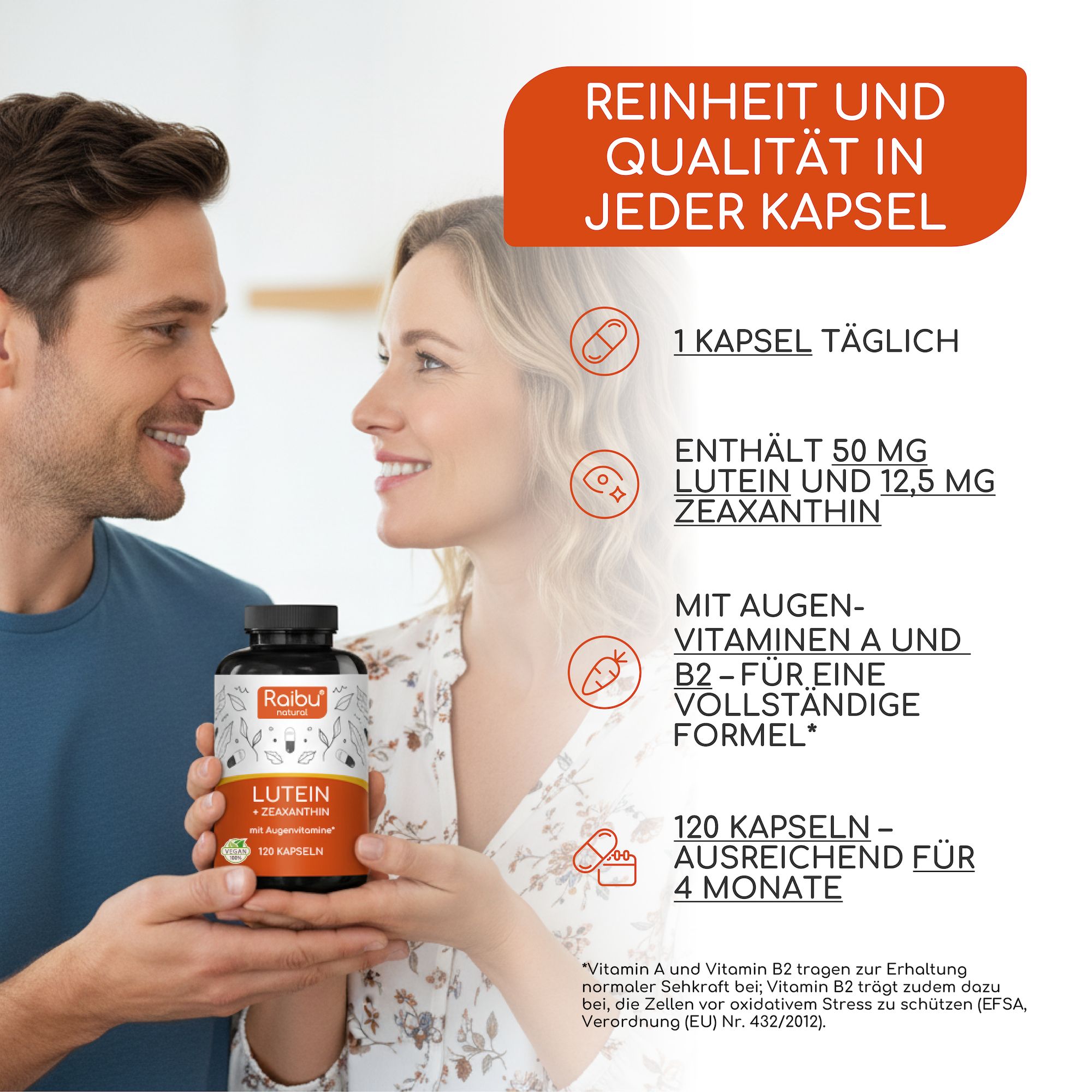 Mann und Frau mit Flasche. Text: Enthält 50 mg Lutein und 12,5 mg Zeaxanthin. Mit Augen-Vitaminen A und B2. 120 Kapseln.