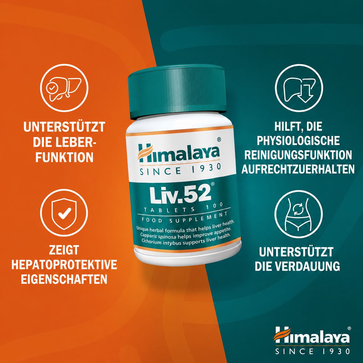 Himalaya Liv.52 Tabletten: Flasche mit Icons zu Leberfunktion, Verdauung und Schutz.
