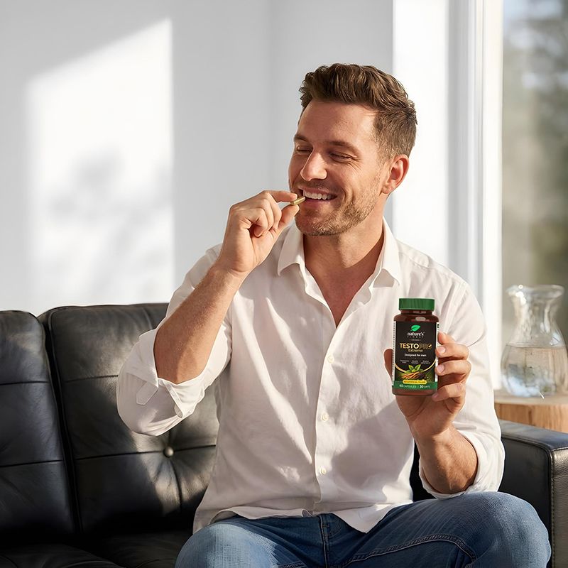 Mann nimmt eine Kapsel ein, hält eine Flasche Nature's Finest TestoPRO Extreme.