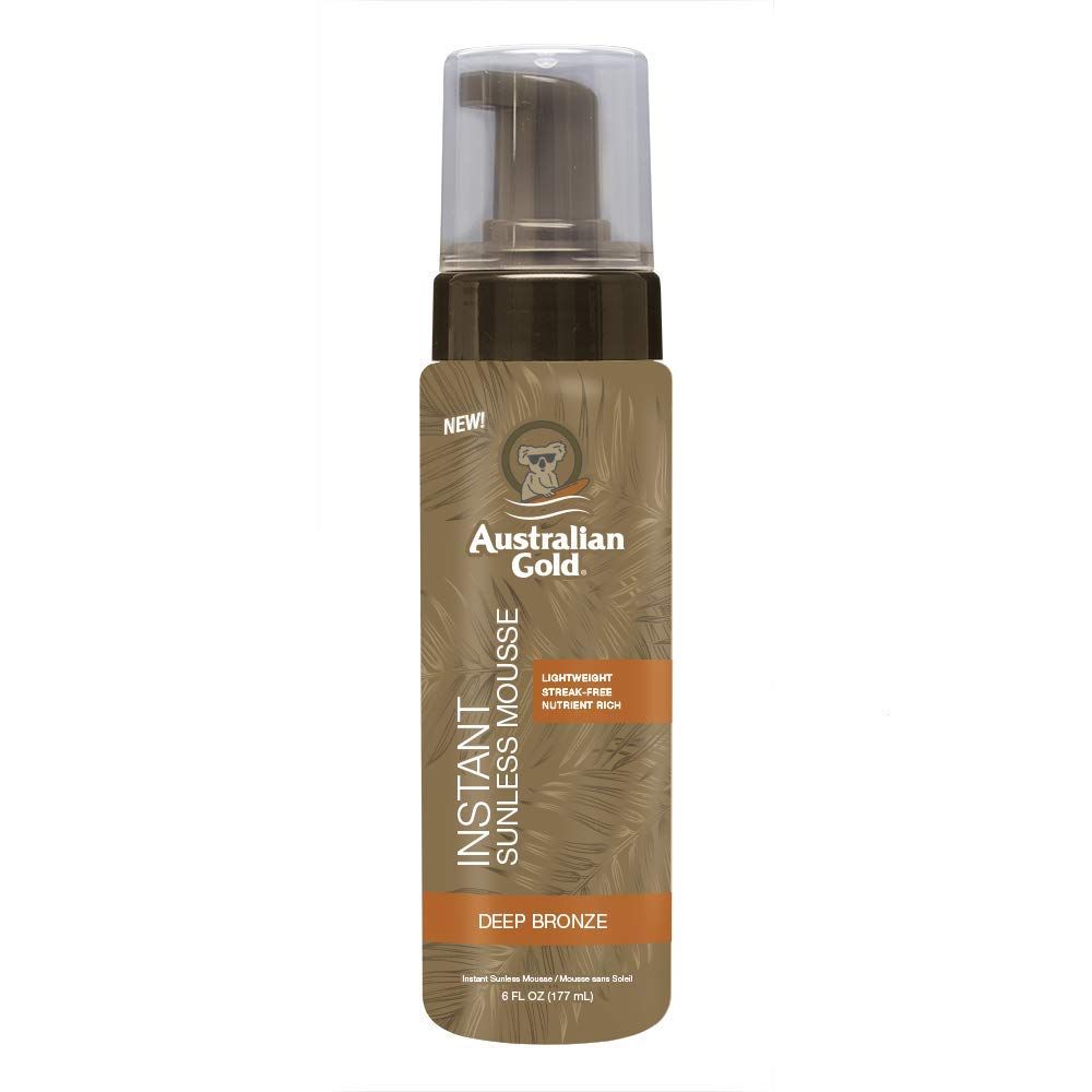 Braune Flasche mit Pumpe. Aufschrift: Australian Gold Instant Sunless Mousse, Deep Bronze.