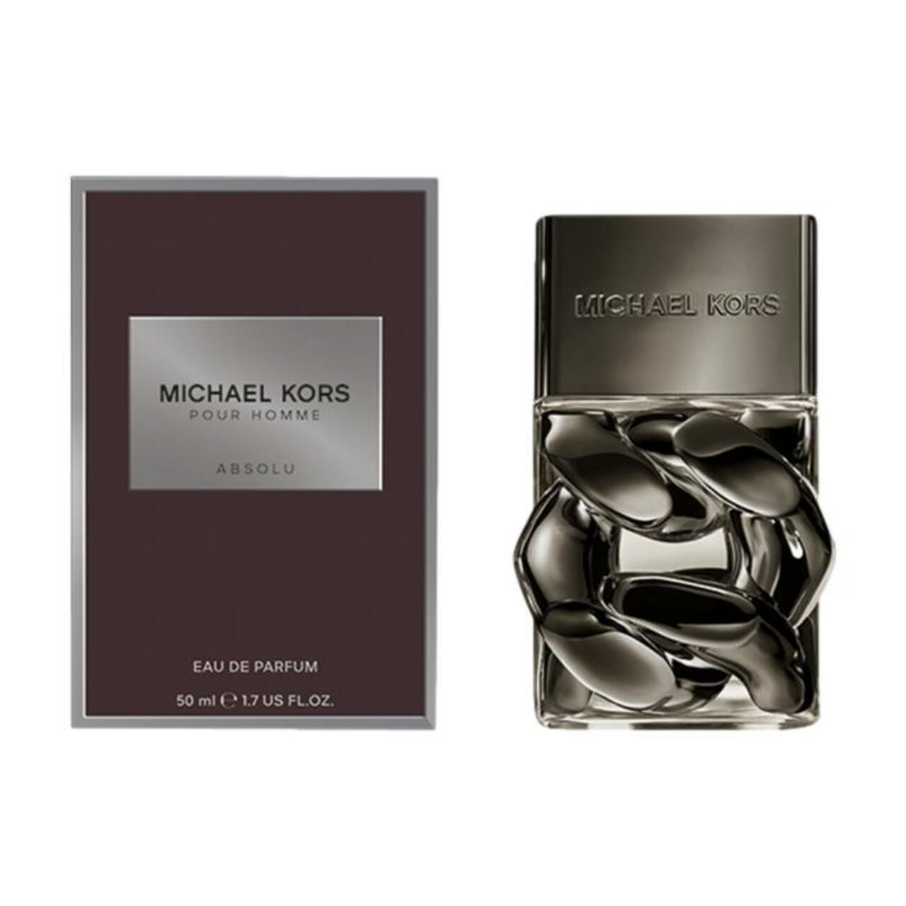 Dunkelbraune Schachtel und Flakon. Flakon mit silberner Kappe und Kettendesign. Text: Michael Kors, Pour Homme Absolu, Eau de Parfum.