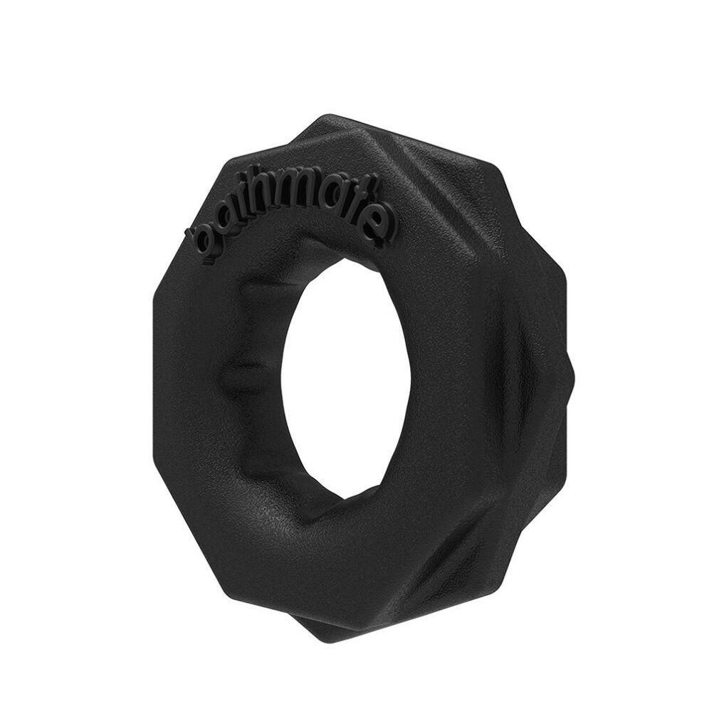 Schwarzer Ring mit achteckiger Form. Der Markenname ist auf der Oberfläche eingeprägt.