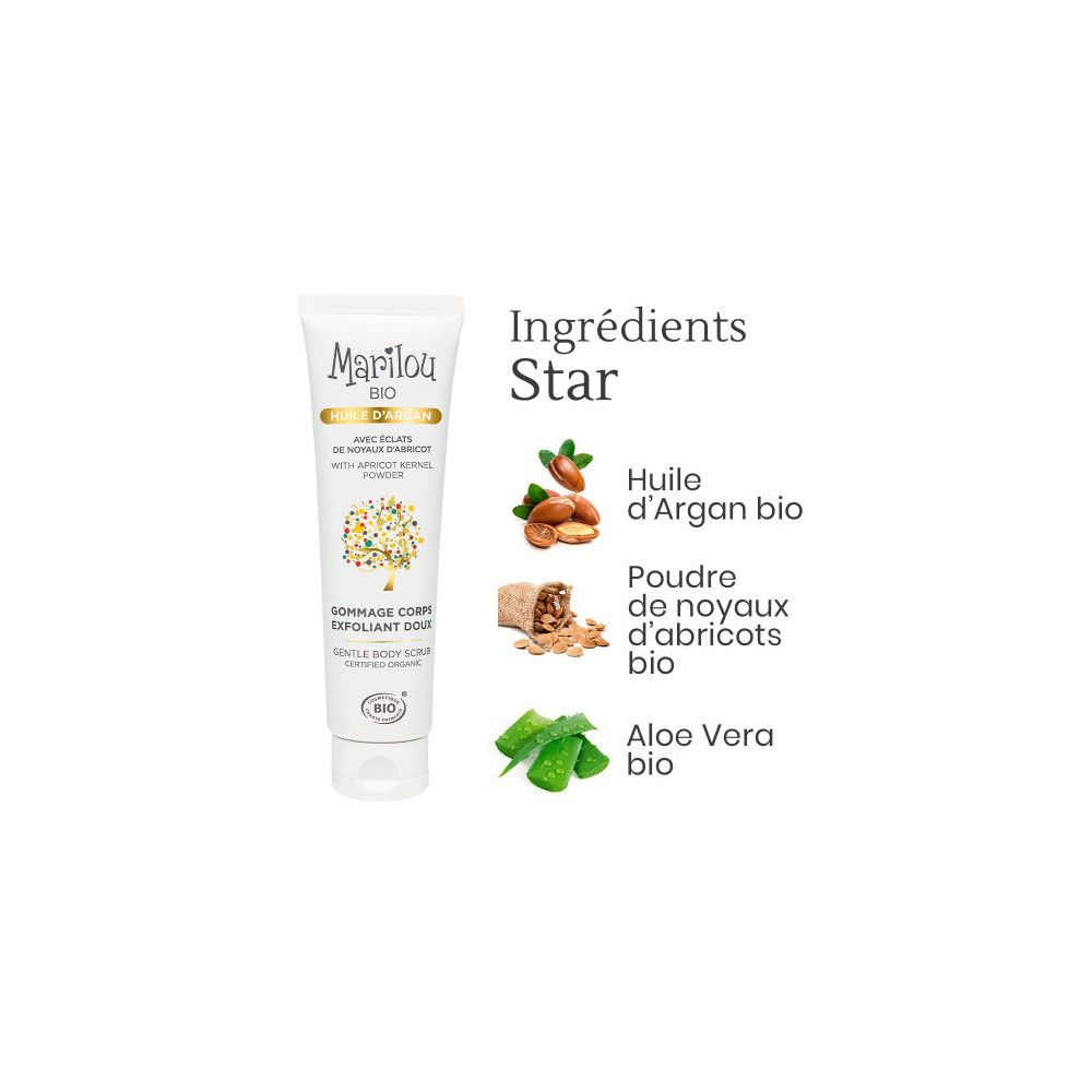 Weiße Tube Marilou Bio mit Inhaltsstoffen: Arganöl, Aprikosenkern, Aloe Vera.