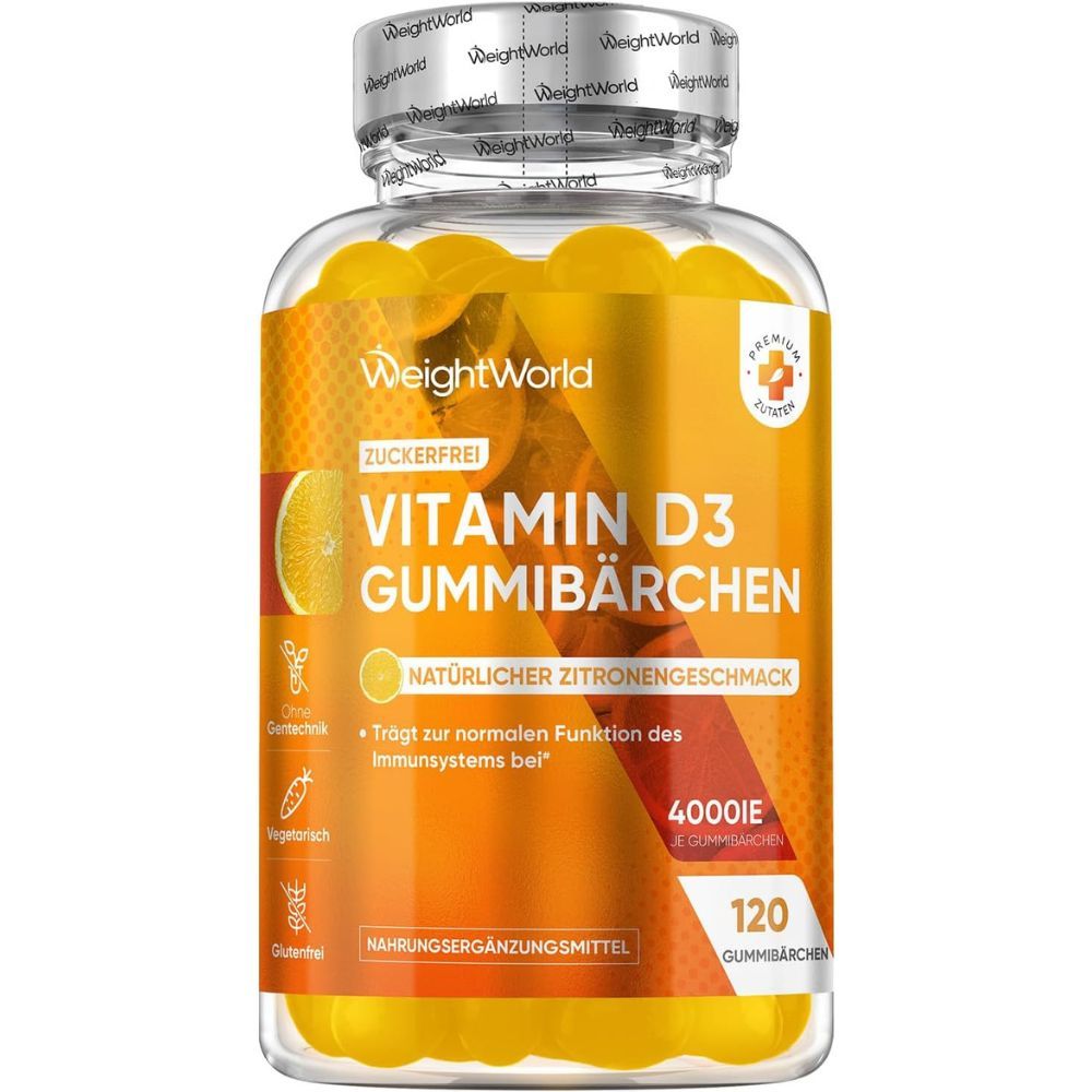 Klare Flasche mit gelben Gummibärchen. Aufschrift: Vitamin D3 Gummibärchen, 4000 IE, 120 Gummibärchen. GewichtWorld Logo.