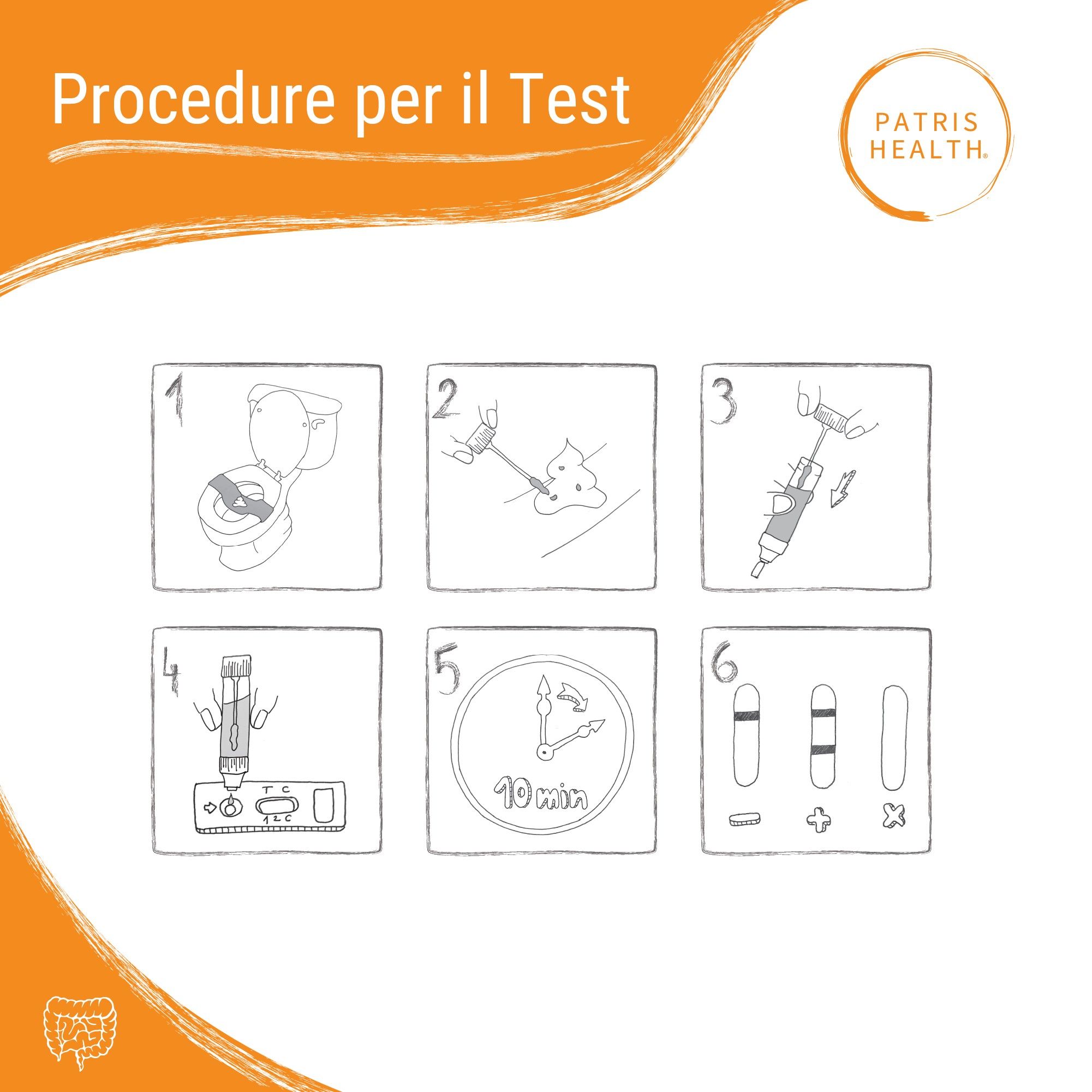 Procedura di test: 6 passaggi per eseguire il test Patris Health® Calprotectina fecale. Illustrazioni.