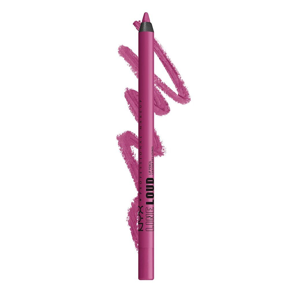 Lippenstiftstift. Pinkfarbener Stift mit schwarzer Spitze. Daneben ein pinkfarbener Lippenstrich. Aufschrift: NYX PROFESSIONAL MAKEUP LINE LOUD.