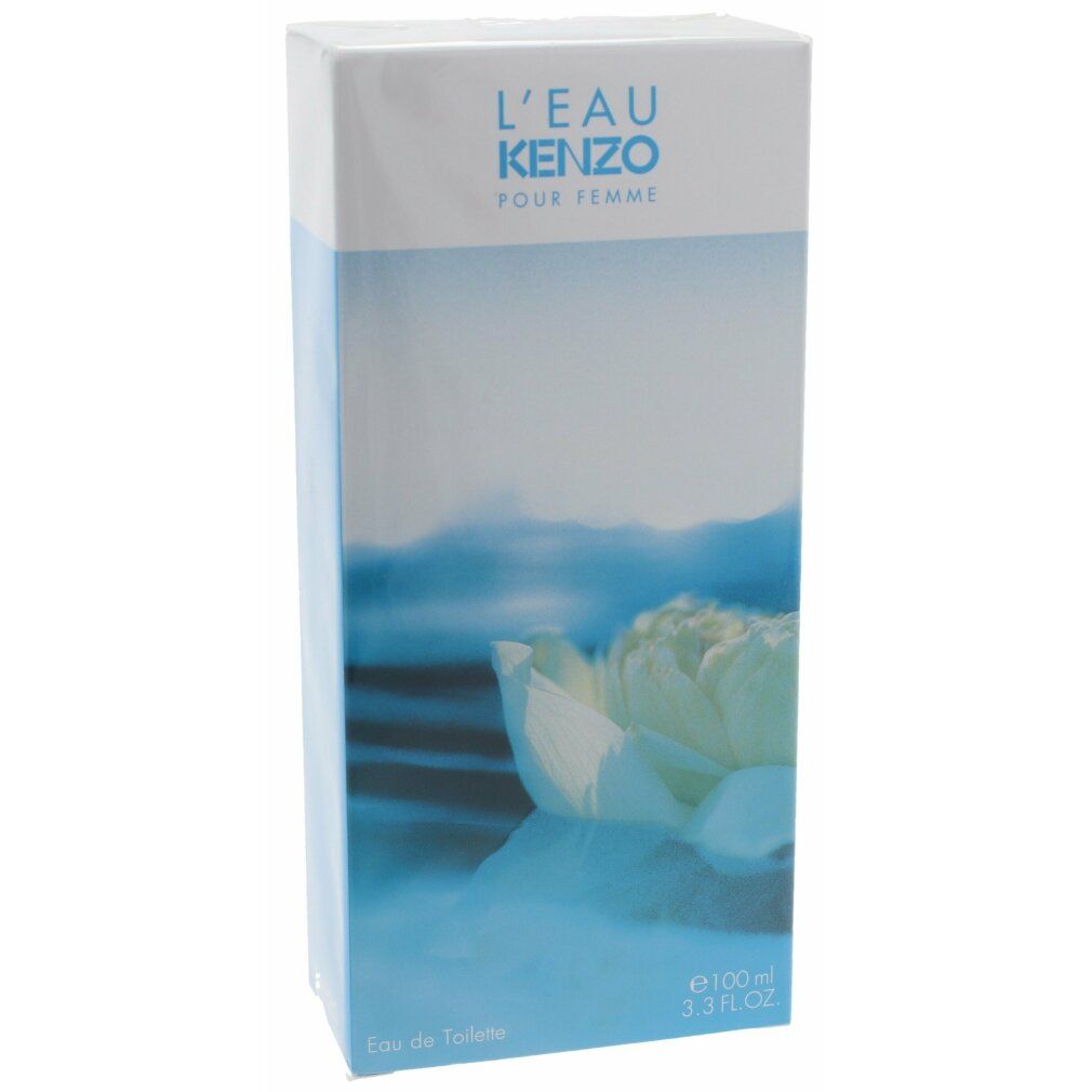 Verpackung von Kenzo L'Eau Pour Femme. Rechteckige Verpackung mit floralem Motiv und Produktnamen. Blaue und weiße Farbgebung.