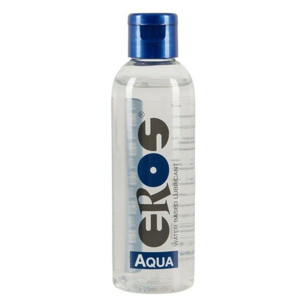 Transparente Flasche mit blauem Deckel. Aufschrift: EROS, AQUA, Water Based Lubricant.