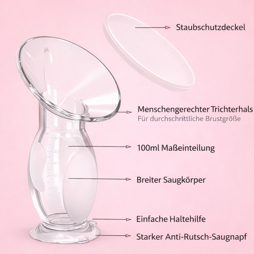 Milchpumpe mit Beschriftungen. Staubschutzkappe, Trichterhals, 100ml Markierung, breiter Saugkörper, Haltehilfe, Anti-Rutsch-Saugnapf.