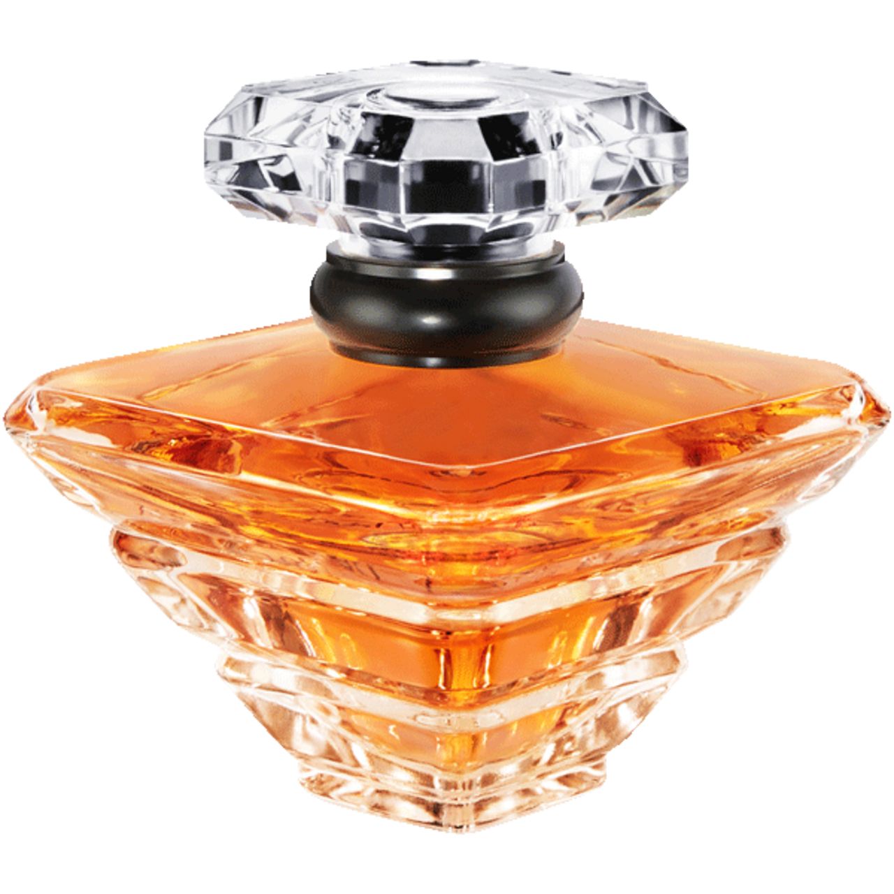 Parfümflakon mit Kristallverschluss. Quadratischer, bernsteinfarbener Glasbehälter. Schwarzer Hals.