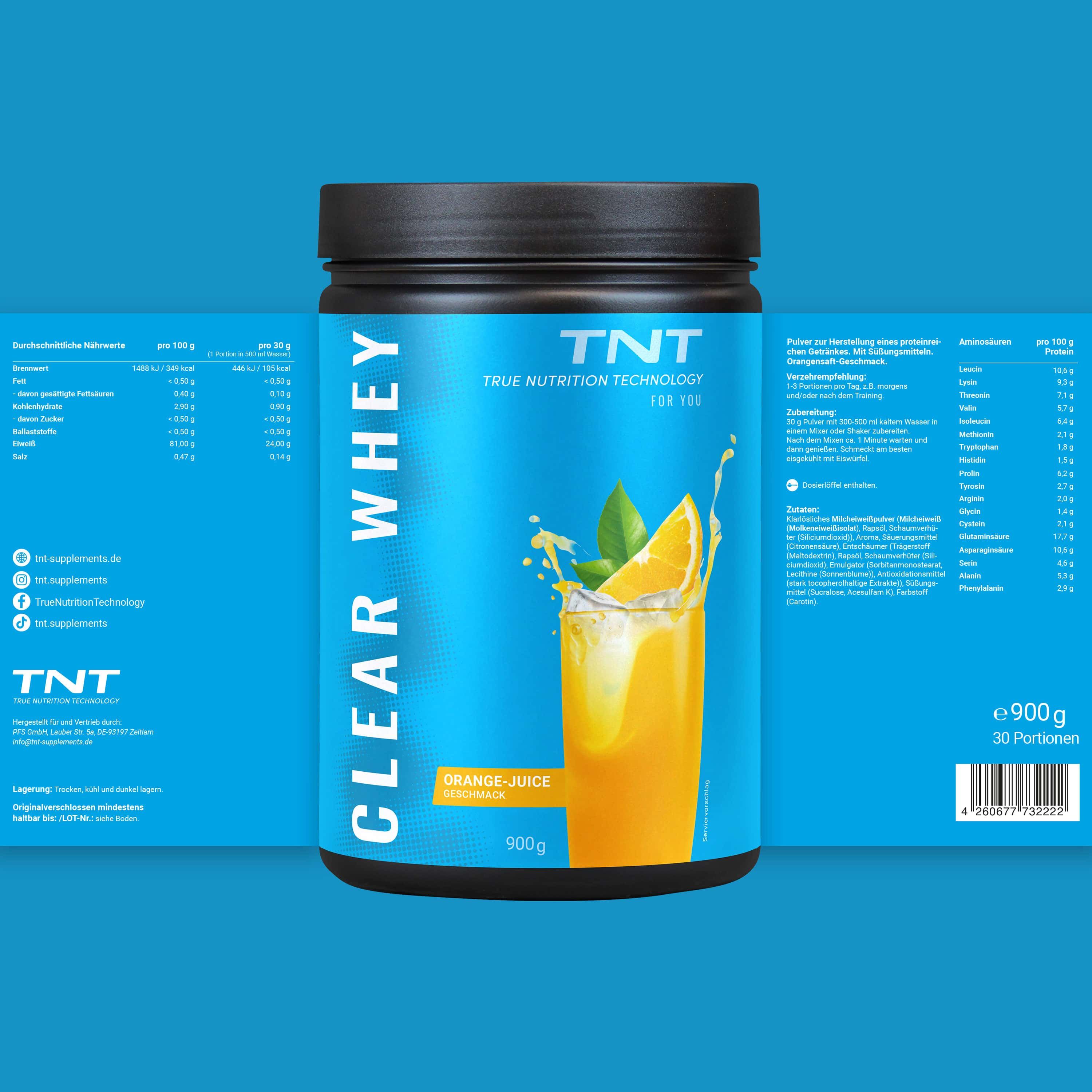 Schwarzer Behälter mit blauem Etikett. Aufschrift: CLEAR WHEY, TNT. Produktinformationen auf blauem Hintergrund. 900g, 30 Portionen.
