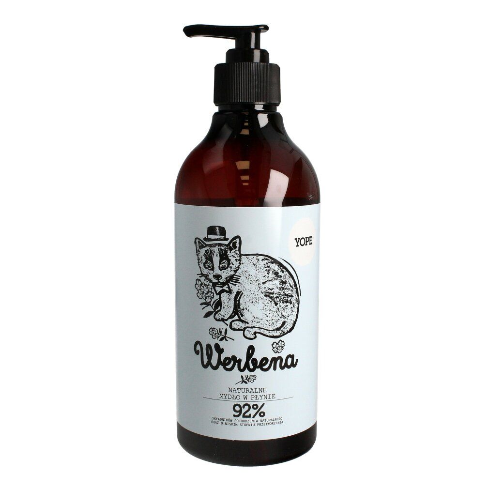 Yope Flüssigseife Verbena mit Pumpe. Braune Flasche mit Etikett, das eine Katze mit Hut und Blume zeigt.