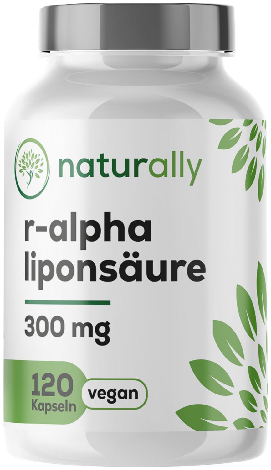 Weiße Flasche mit grünem Etikett. Aufschrift: naturally, r-alpha liponsäure, 300 mg, 120 Kapseln, vegan.