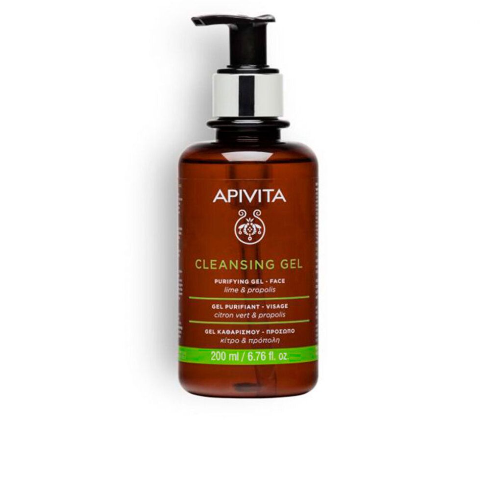 Braune Flasche mit schwarzem Pumpkopf. Aufschrift: Apivita, Cleansing Gel. Grüner Streifen am unteren Rand mit Text.