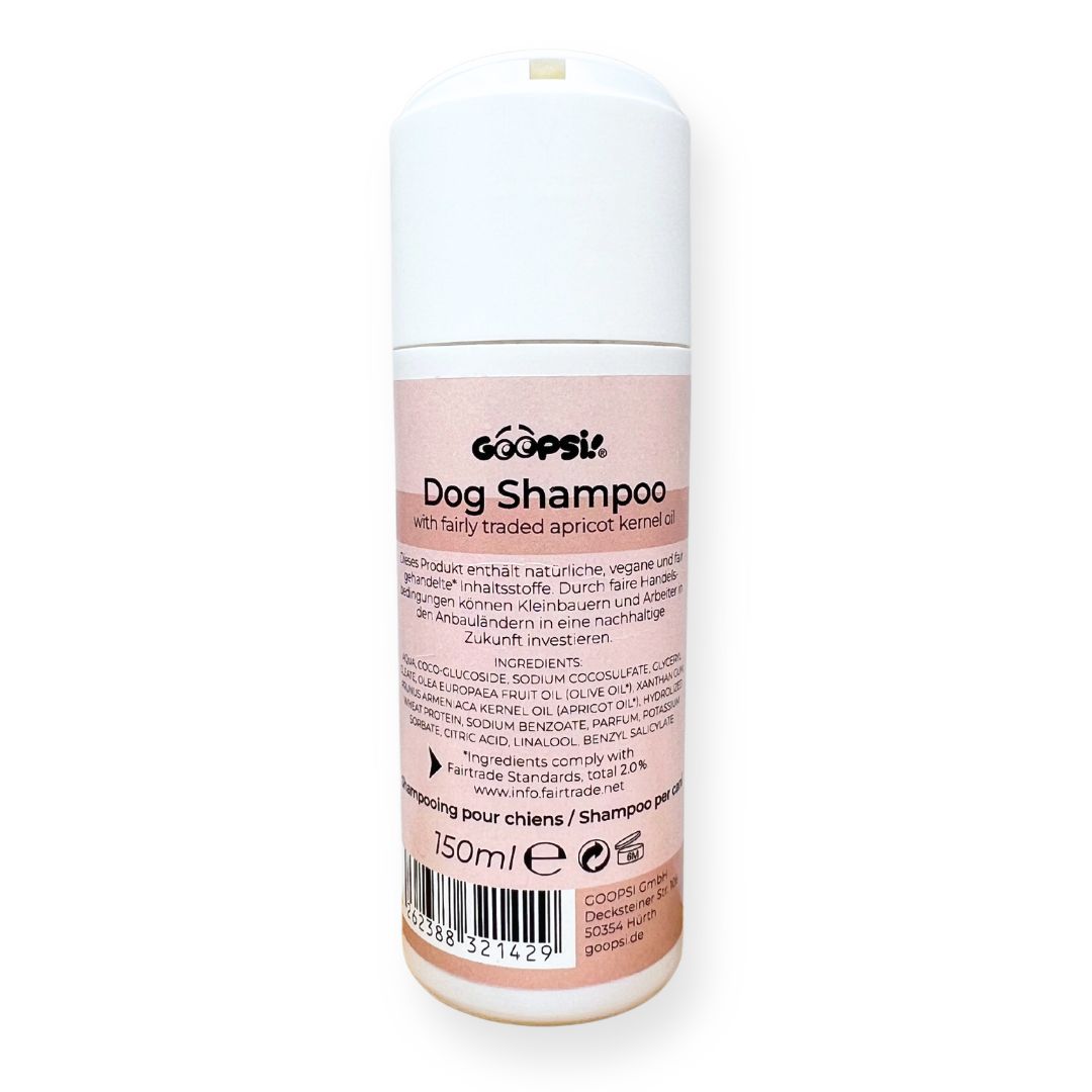 Verpackung für Goopsi Hundeshampoo mit Fairtrade-Aprikosenkernöl. 150ml.