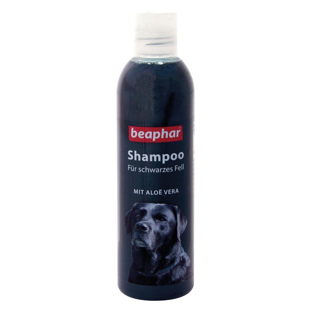 Beaphar Shampoo für schwarzes Fell. Schwarze Flasche mit weißem Deckel. Enthält Aloe Vera. Abbildung eines schwarzen Hundes.