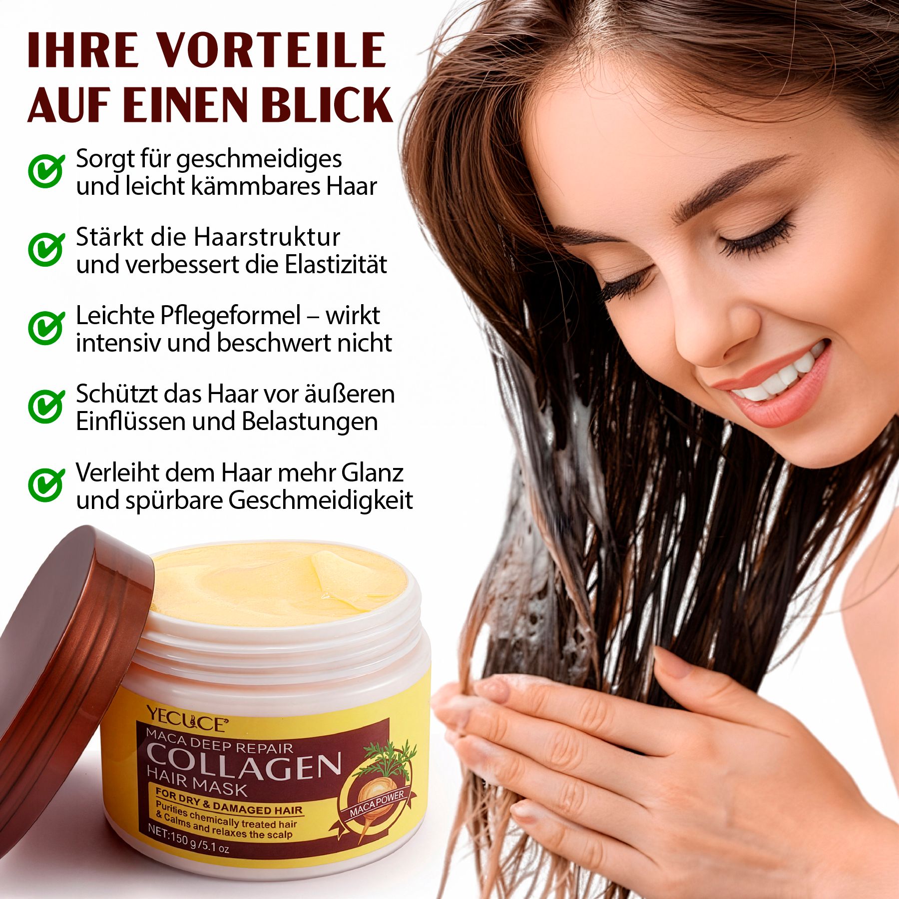 Frau mit langen Haaren, die eine Haarmaske aufträgt. Geöffneter Tiegel mit gelber Maske. Aufschrift: MACA DEEP REPAIR COLLAGEN HAIR MASK.