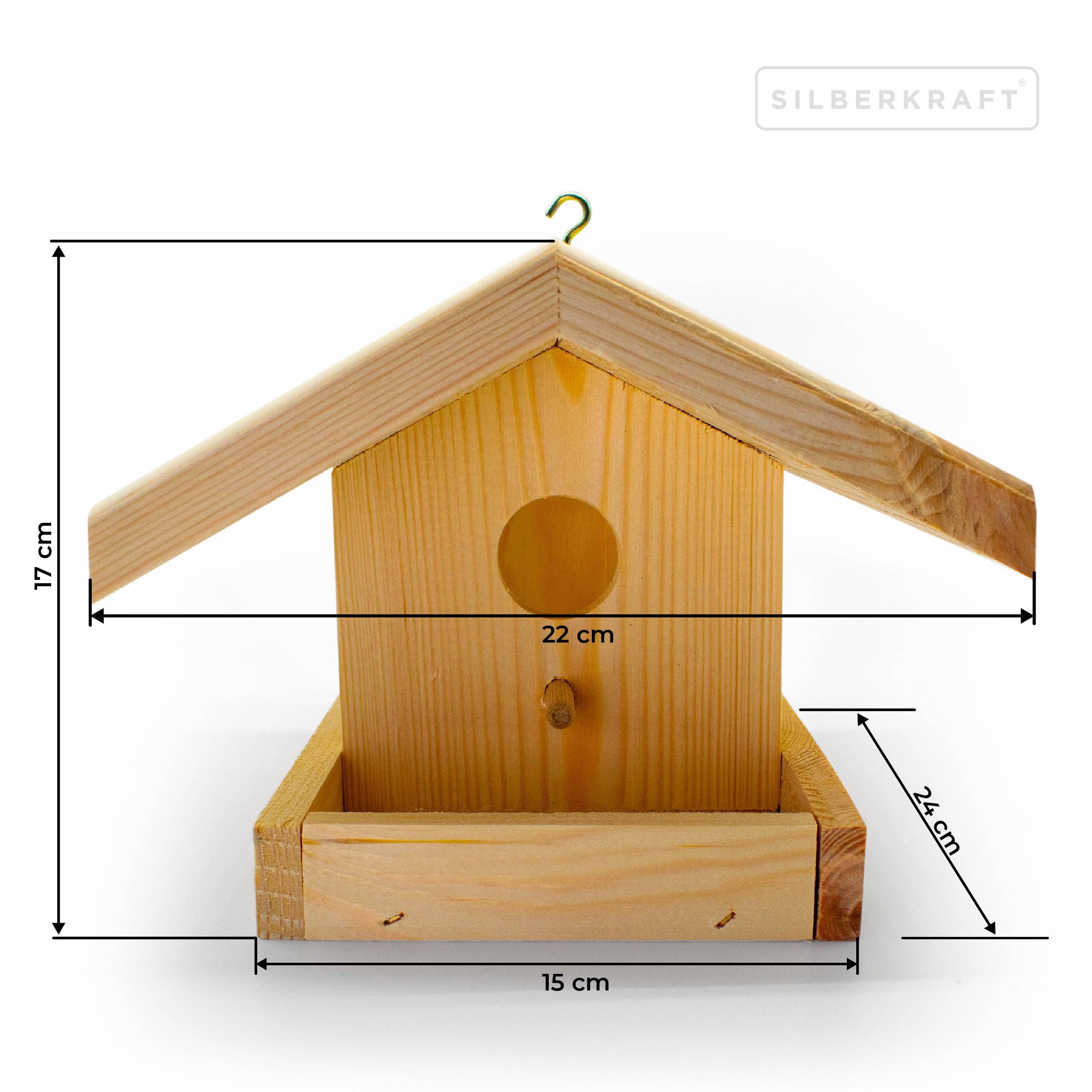 Vogelhaus mit Dach und Sitzstange. Maße: 22x17x15 cm. Futterbehälter 24 cm breit.