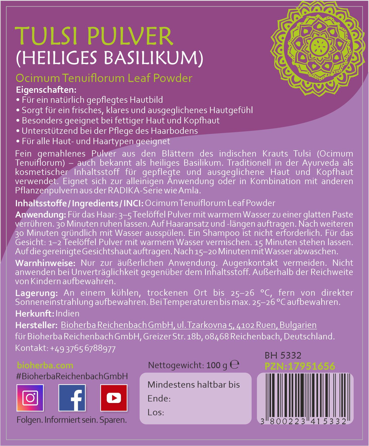 Rückseite des Etiketts mit Text. Aufschrift: Tulsi Pulver (Heiliges Basilikum). Inhaltsstoffe, Anwendung, Warnhinweise, Hersteller.