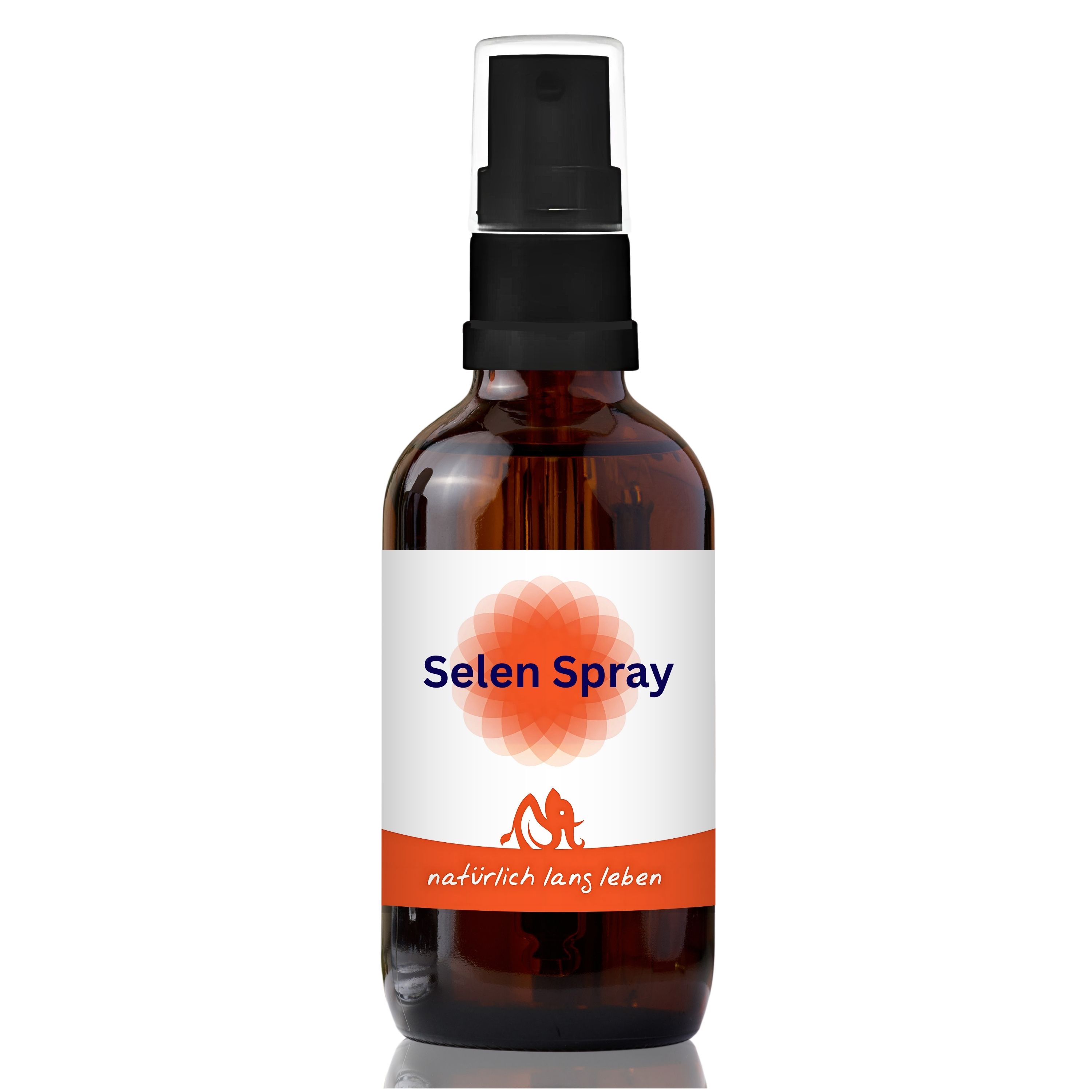 Braune Glasflasche mit schwarzem Sprühkopf. Etikett mit "Selen Spray" und Logo. "natürlich lang leben" Schriftzug.