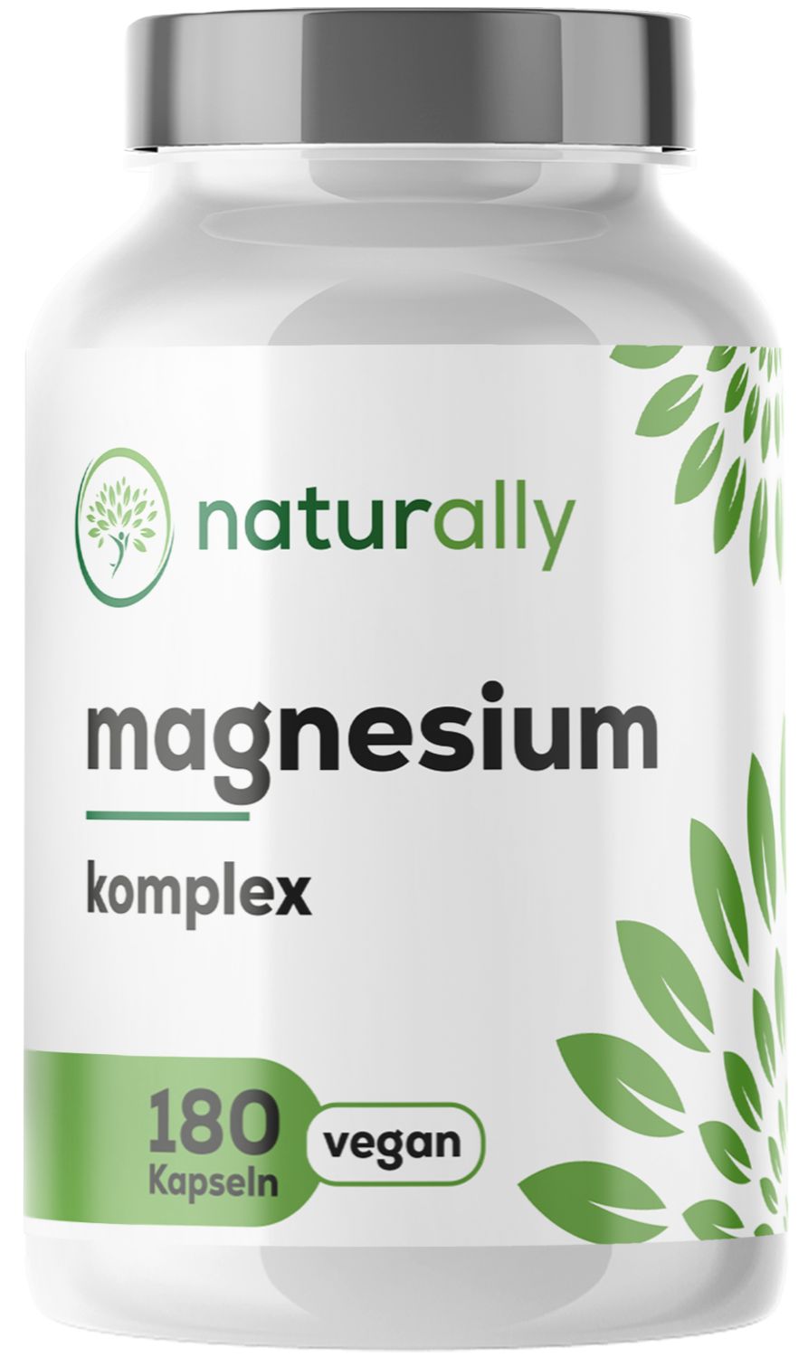 Weißes Glas mit Kapseln. Aufschrift: naturally magnesium komplex. 180 Kapseln, vegan.