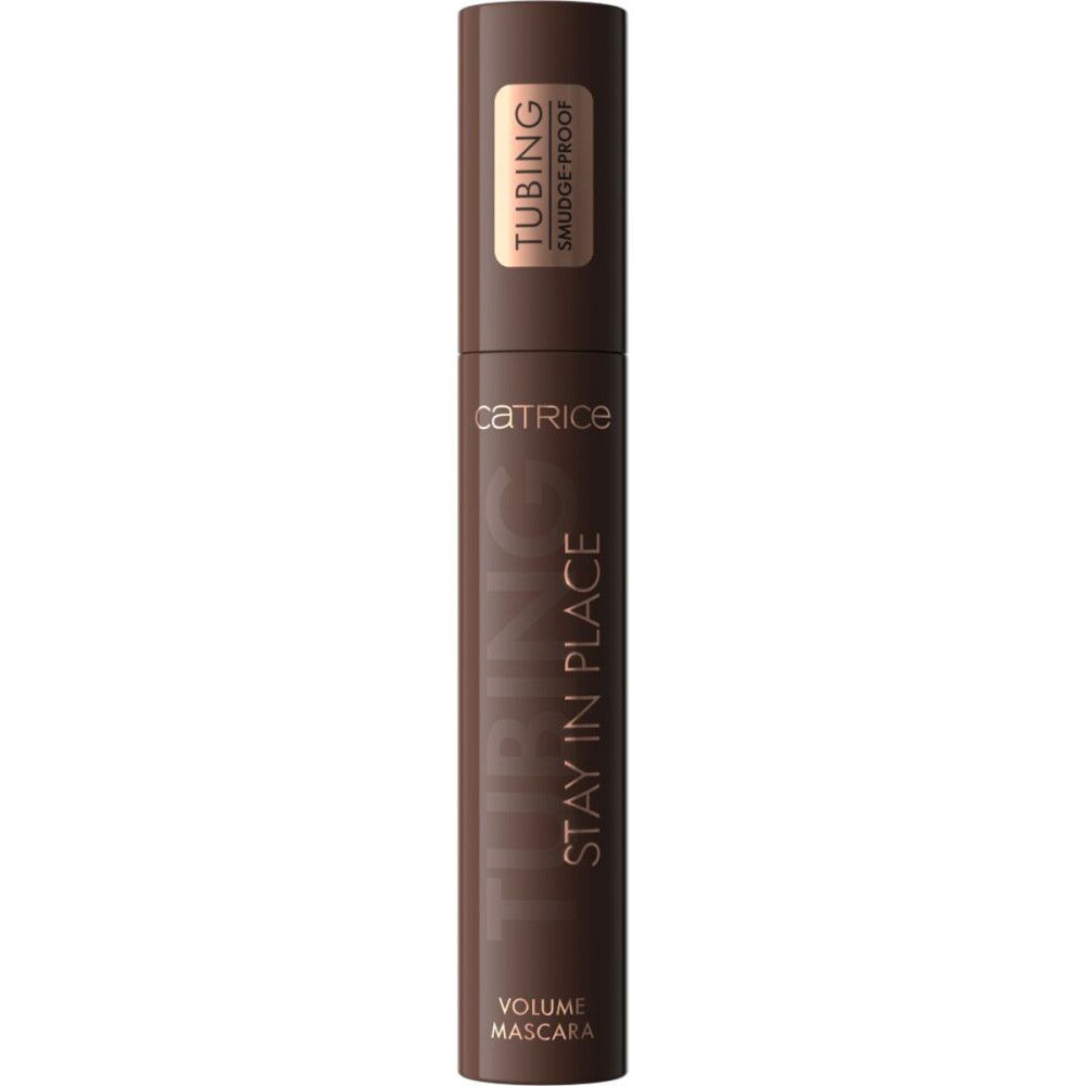 Braune Mascaratube. Aufschrift: Catrice, Tubing, Stay in Place, Volume Mascara, Smudge-Proof.