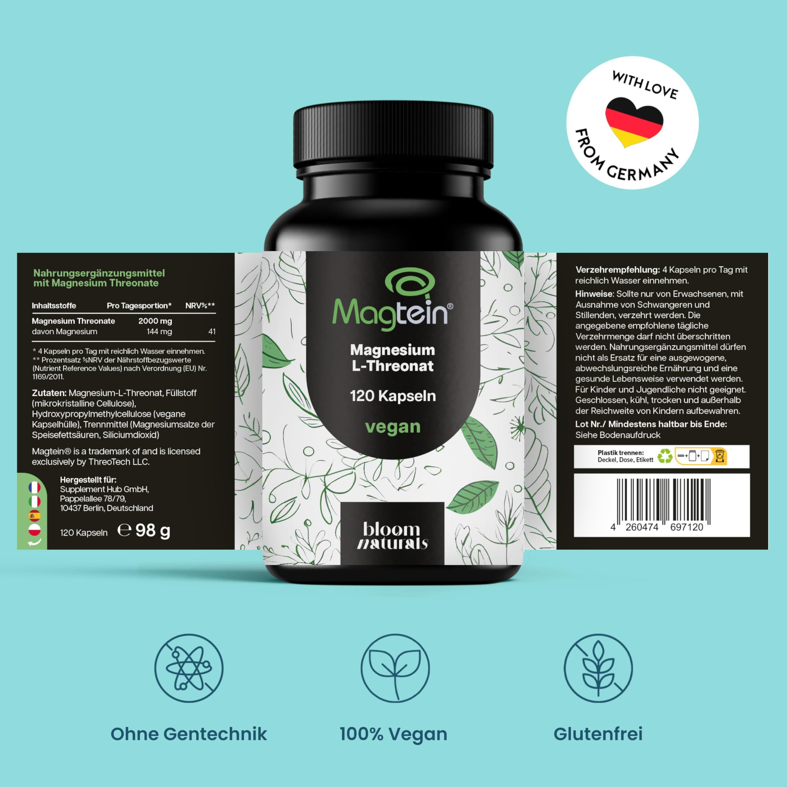 Magnesium L-Threonat Kapselbehälter mit Bloom Naturals Logo, 120 Kapseln, vegan.