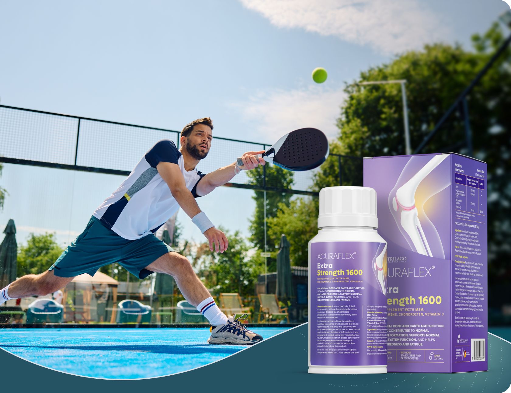 Mann spielt Tennis. Daneben Produktverpackung. Aufschrift: ACURAFLEX Extra Strength 1600. Enthält MSM, Glucosamin, Chondroitin, Vitamin C.
