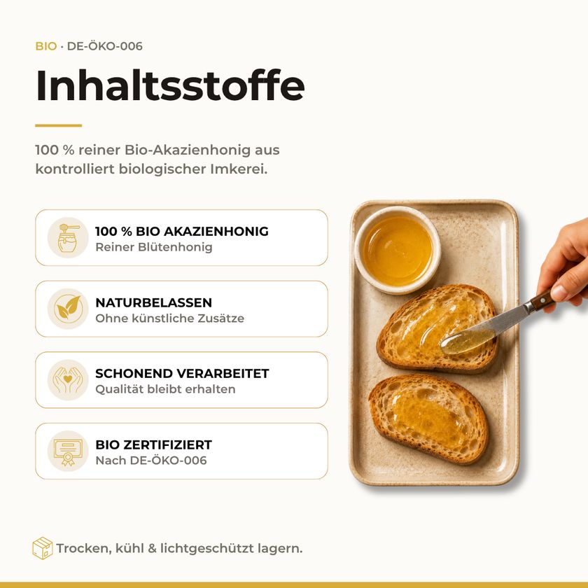 Zwei Scheiben Brot mit Honig bestrichen. BIO-Siegel.