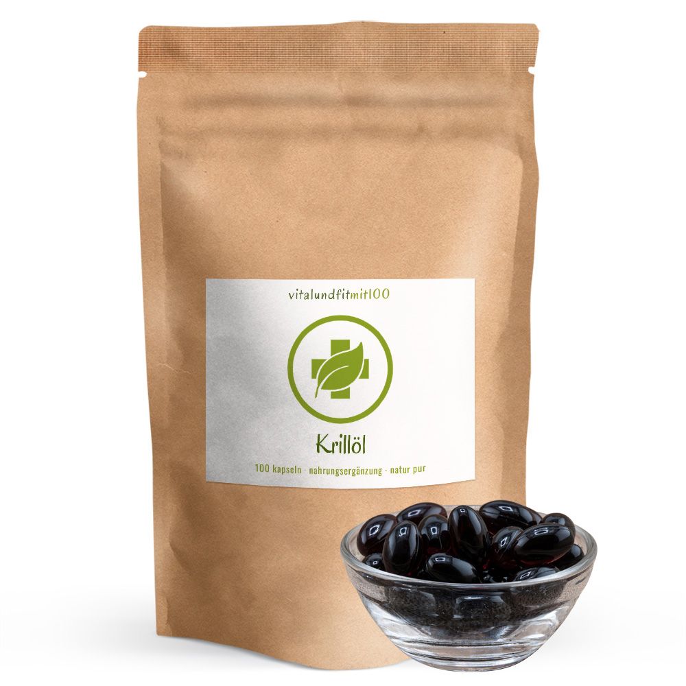 Braune Tüte mit Etikett und Krillöl-Kapseln in Glasschale. Etikett mit Logo und Schriftzug Krillöl. Kapseln dunkel, glänzend.