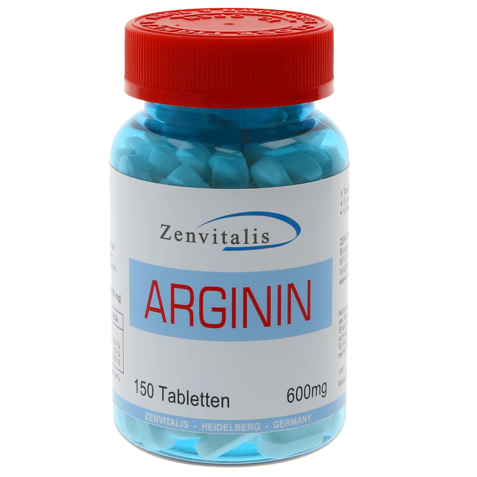 Blaue Tabletten in einer transparenten Flasche mit rotem Deckel. Aufschrift: Zenvitalis, ARGININ, 150 Tabletten, 600mg.
