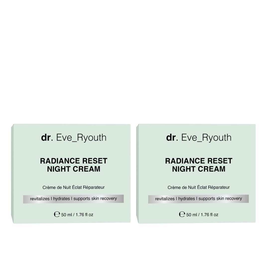 Zwei Schachteln Nachtcreme. Aufschrift: Dr. Eve_Ryouth, Radiance Reset Night Cream. Text: Crème de Nuit Éclat Réparateur.