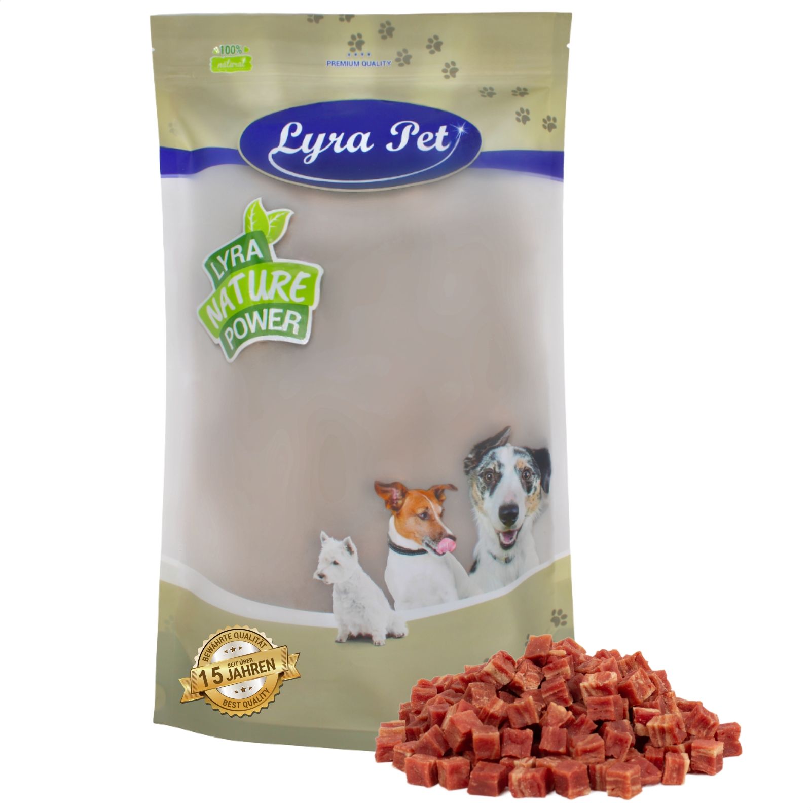 Lyra Pet® Verpackung mit Hunden und einem Haufen Entenfleischwürfel mit Fisch.