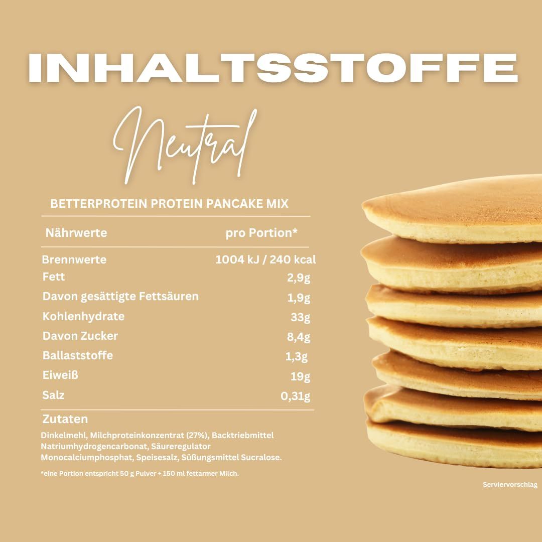 Nährwerttabelle für Protein Pancake Mix. Enthält Brennwerte, Fett, Kohlenhydrate, Ballaststoffe, Eiweiß und Salz. Stapel Pfannkuchen.