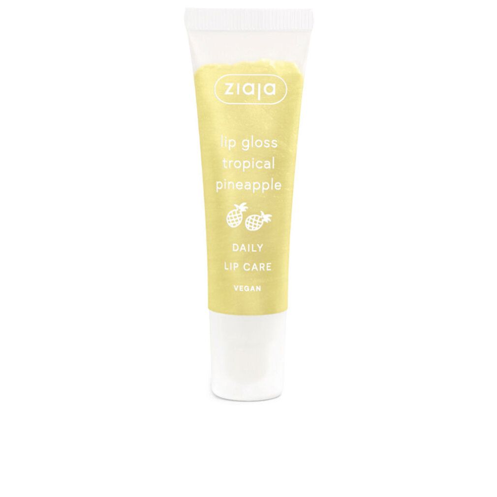 Transparente Tube mit gelbem Inhalt. Aufschrift: Ziaja, Lip Gloss Tropical Pineapple, Daily Lip Care, Vegan. Zwei Ananas-Symbole.