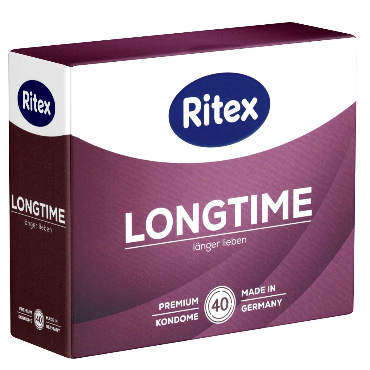 Verpackung von Ritex Longtime Kondomen. Weiß-lila Karton mit Produktnamen und Logo. Enthält 40 Kondome, hergestellt in Deutschland.