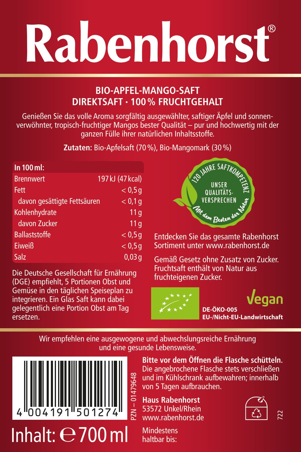 Rabenhorst Apfel-Mango BIO. Flasche mit Etikett. Angaben zu Inhaltsstoffen, Nährwerten und Zertifizierungen. Vegan-Siegel.