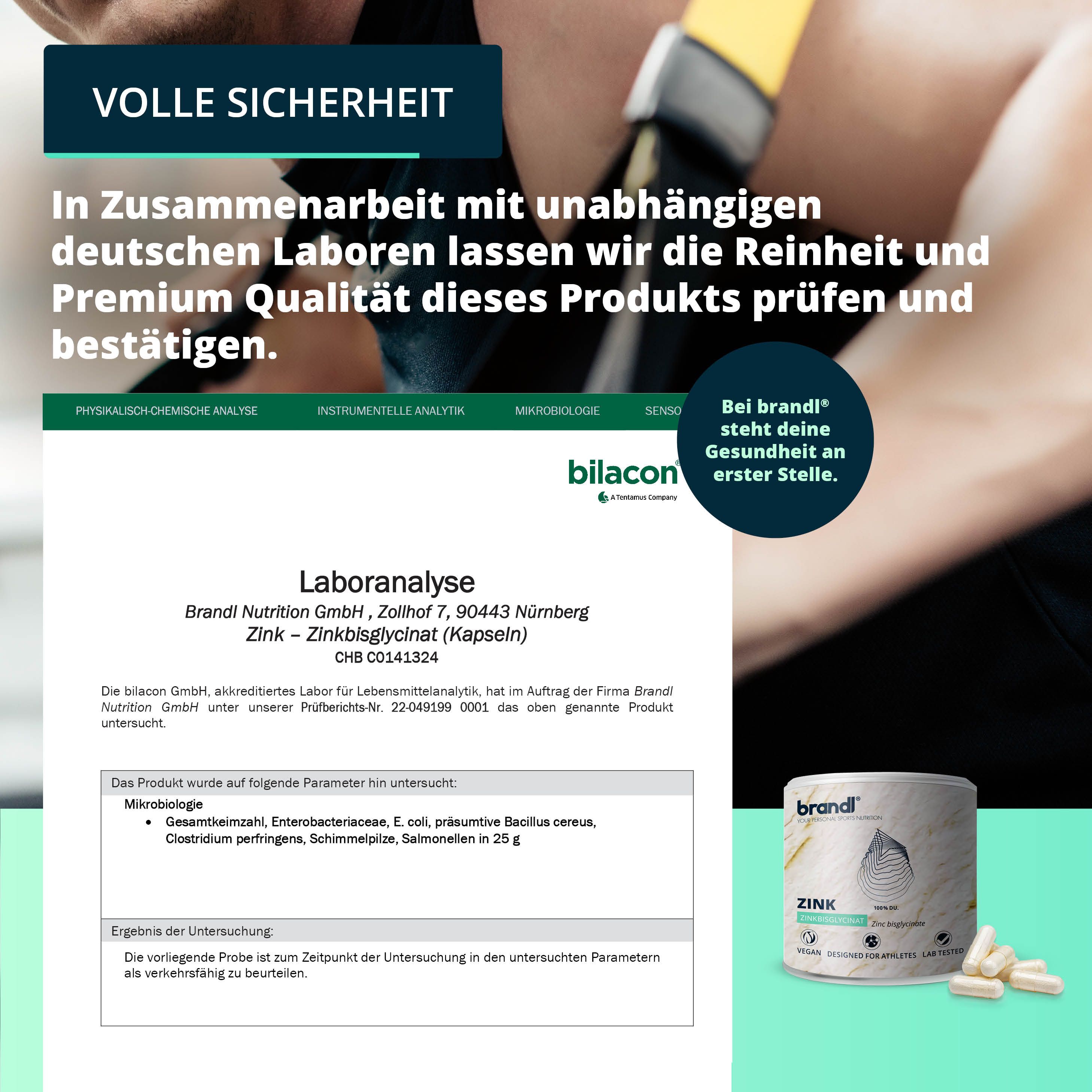 Laboranalyse von brandl® Zink-Kapseln. Text: Reinheit und Premium Qualität. Dose und Kapseln.
