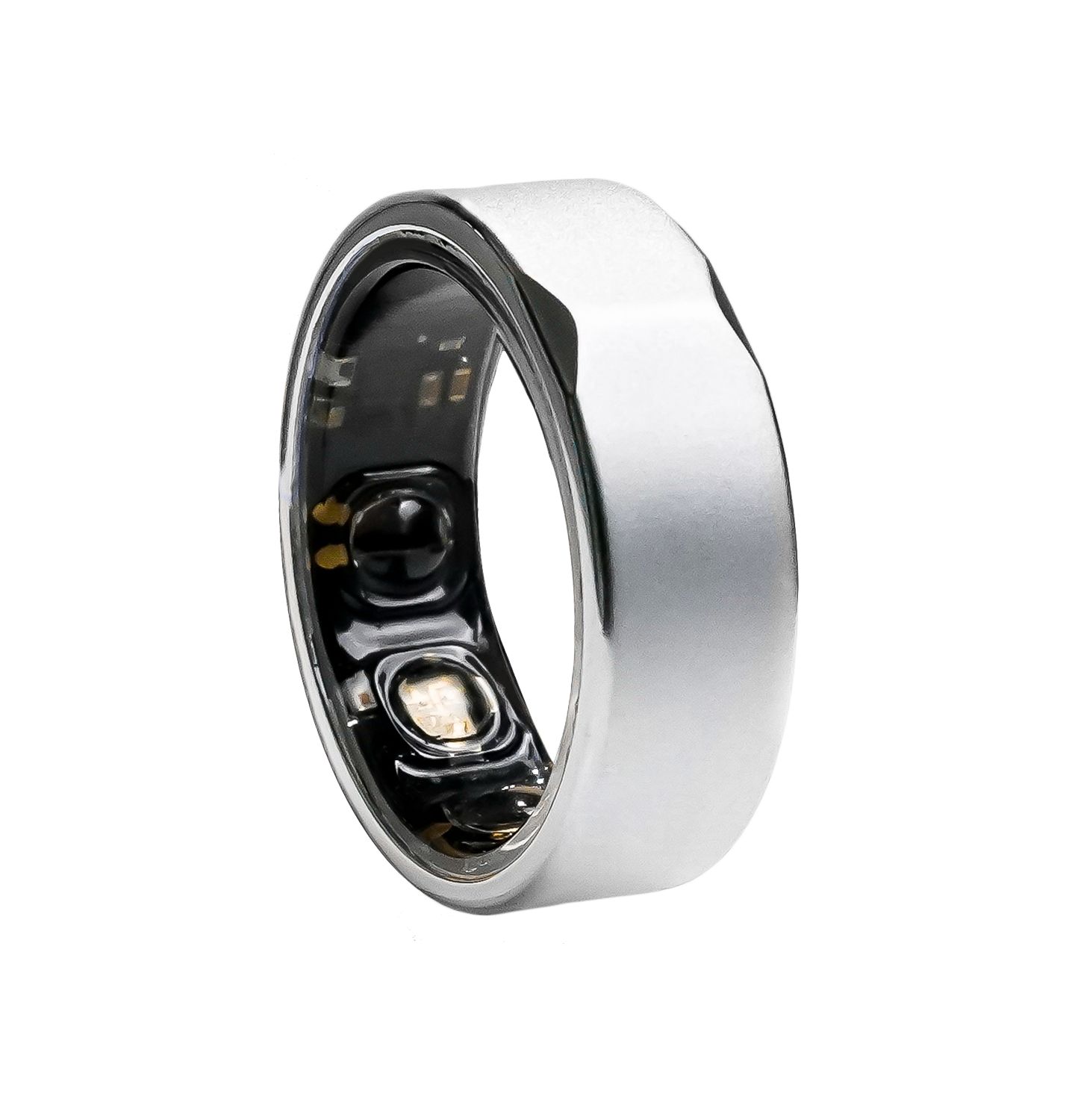 Silberfarbener Ring mit abgerundeten Kanten. Innenseite mit Sensoren. Glänzende Oberfläche.