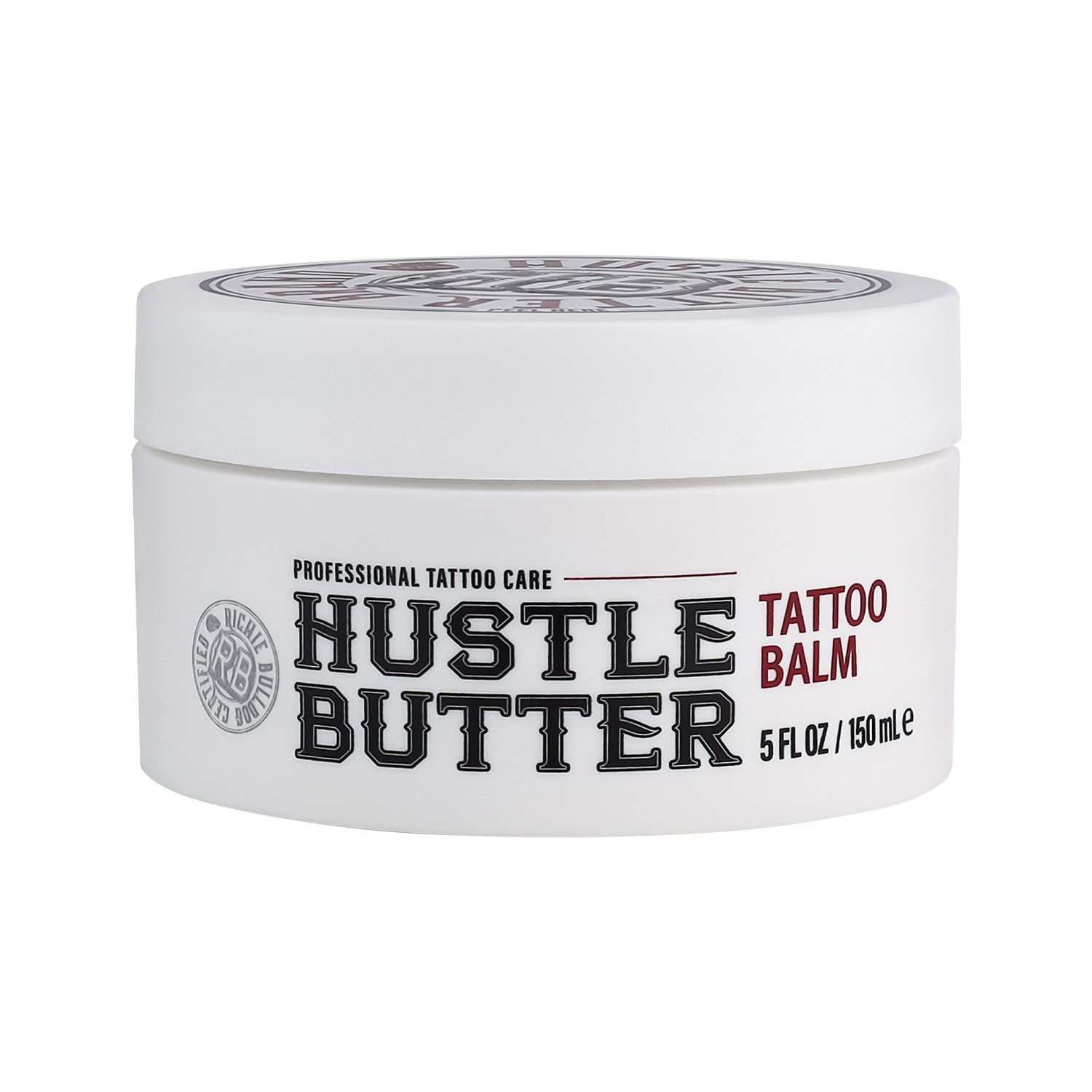 Weißes Tiegel mit "Hustle Butter Tattoo Balm"-Aufschrift. 5 FL OZ/150ml. Deckel mit Logo.