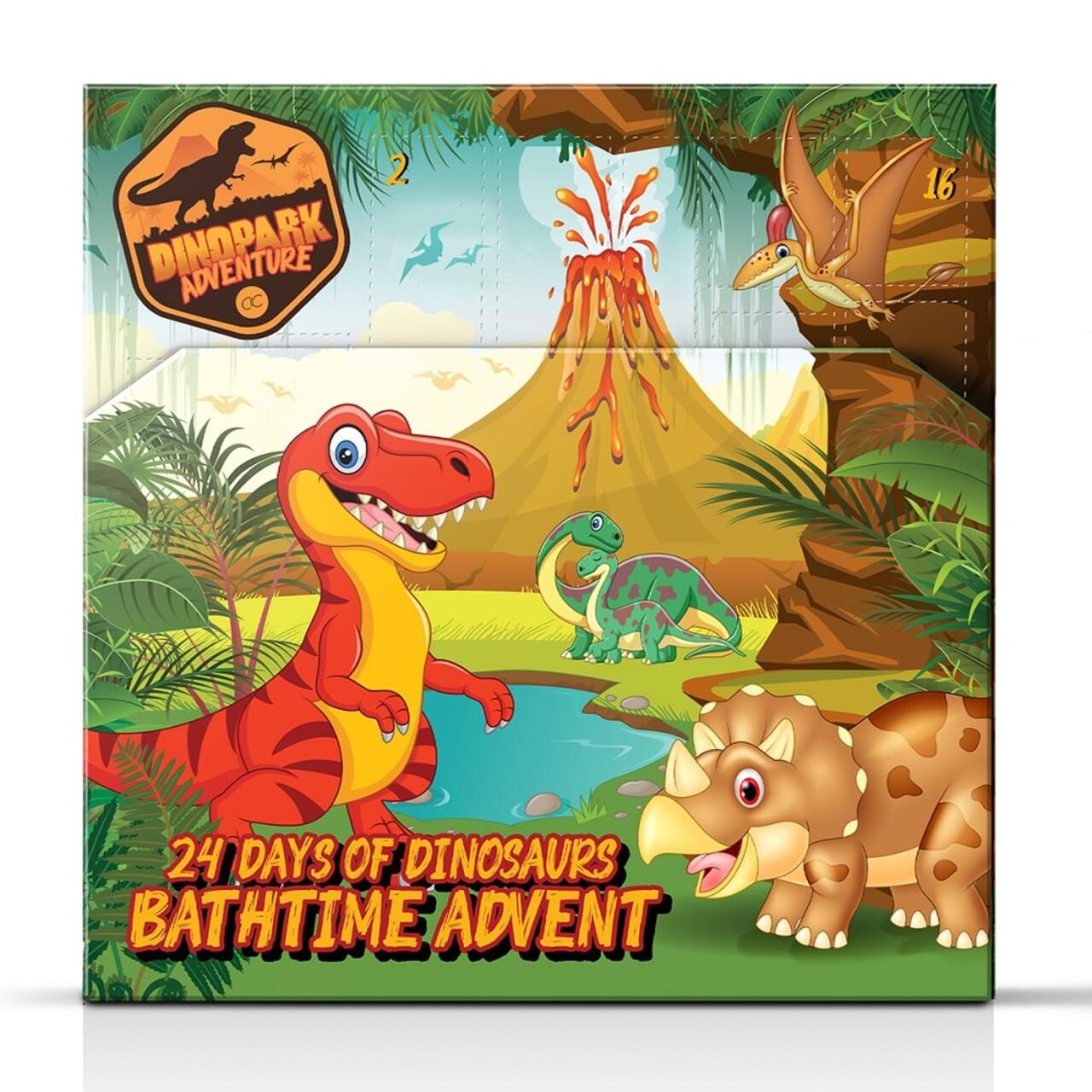 Adventskalender mit Dinosaurier-Illustrationen. Enthält 24 Tage. Aufschrift: 24 DAYS OF DINOSAURS BATHTIME ADVENT.