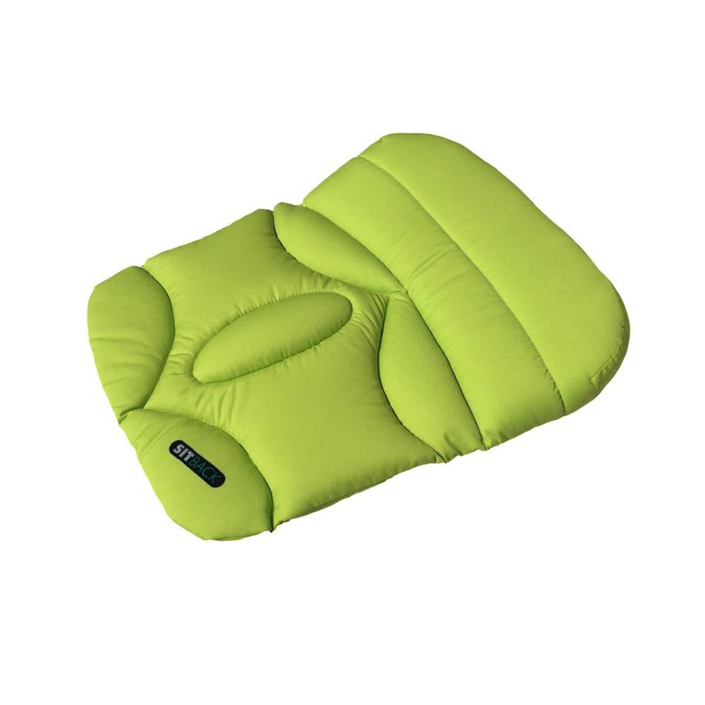 Grünes Sitzkissen mit SITBACK-Logo. Gepolstert, ergonomisch geformt. Für den Innenbereich.